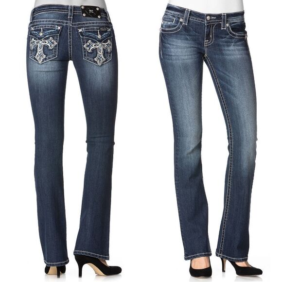 New! MISS ME Cross Pocket Boot Cut Jeans Blue Denim Size 28 NWT - Picture 1 of 4